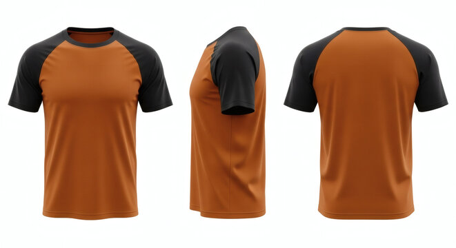 Mockup of a short sleeve raglan t-shirt featuring an earthy burnt orange body with contrasting dark charcoal black sleeves and neckline presented in front side and back views&nbsp;