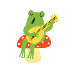 Fototapeta premium Funny frog character, froggy mascot. Frog singing song, sitting on a mushroom. Simple flat doodle style, green and red. Print, sticker, children, animal illustration, white background. 