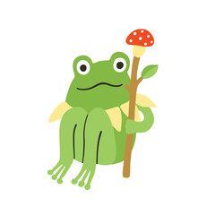 Obraz premium Funny frog character, froggy mascot. Frog singing song, sitting with a stick, mushroom. Simple flat doodle style, green and red. Print, sticker, children, animal illustration, white background. 