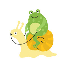 Fototapeta premium Funny frog character, froggy mascot. Frog rides the snail, rider. Simple flat doodle style, green and yellow. Print, sticker, children, animal illustration, white background. 