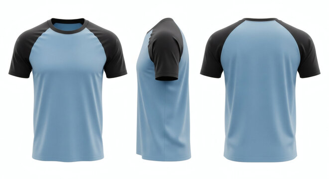 Blank men's light blue and dark grey raglan t-shirt mockup showing front, side, and back views for sportswear and casual apparel design templates, perfect for branding and customization projects&nbsp;