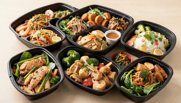 An assortment of meals presented in black containers is arranged neatly on a tabletop for an appealing display.