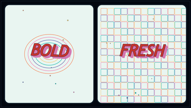 Retro typography vector set with Bold and Fresh text, vintage 90s aesthetic graphic design, pastel geometric patterns and concentric circles