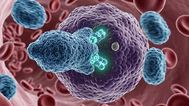 Microscopic view of immune cells attacking a virus within the bloodstream.