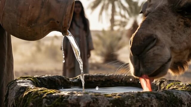 Close up of water pouring from a pitcher into a stone trough for a camel. Biblical Genesis story of Rebekah drawing water for Eliezer