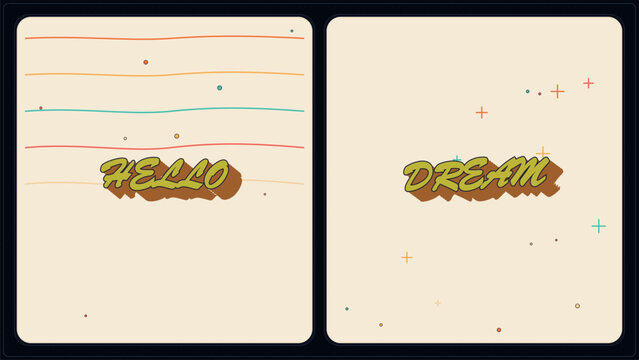 Retro 70s aesthetic greeting cards, vintage typography with Hello and Dream text, nostalgic cream background with colorful stripes and stars