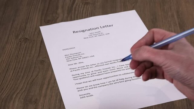Close-up of a male hand taking a pen and signing a resignation letter. Job quitting, career change, HR paperwork and workplace transition concept. 