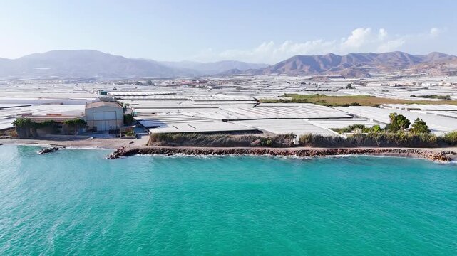 beach industry coastline agriculture coast field greenhouse landscape mountain invernaderos plastic sea water - Andalusia, Spain - 2025