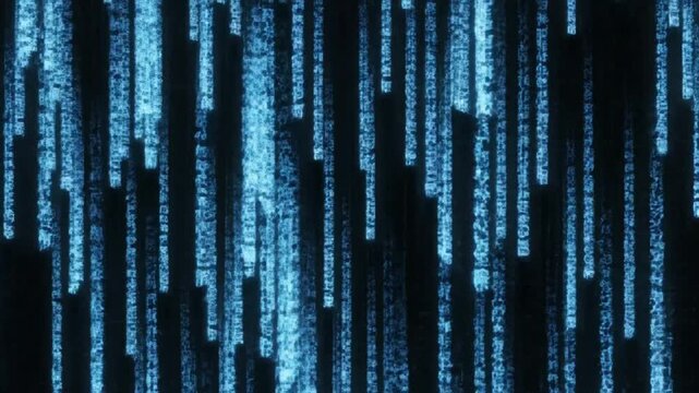 Cybernetic digital code rain with neon cyan vertical stream and abstract binary symbol on a dark backdrop, creating a high-tech sci-fi computer interface aesthetic for motion background.
