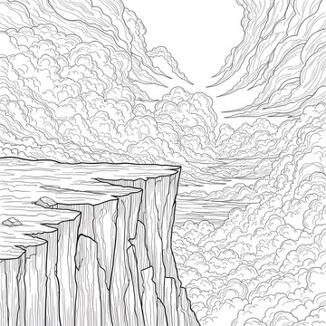 Cliff edge overlooks a vast expanse of dense, rolling clouds stretching toward the horizon in a detailed black and white line drawing.
