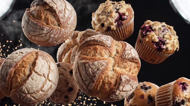 Assortment of Freshly Baked Artisan Breads and Muffins Floating.