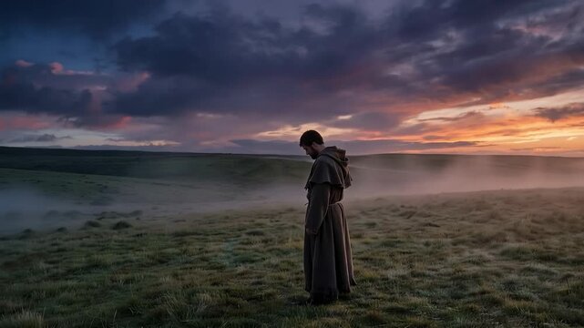 Silhouette of Isaac meditating in the field at eventide. Biblical Genesis concept of evening prayer and waiting for Rebekah.