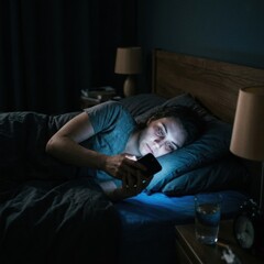 Fototapeta premium Individual Lying in Bed With Smartphone Late at Night, Focusing on Device While Recovering From Bad Habits