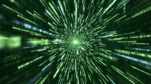 Abstract futuristic digital data stream with glowing neon lines of binary code scrolling on a deep dark green background representing cyber security, network encryption and big data science.