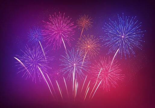 Colorful fireworks exploding in night sky with purple pink hues