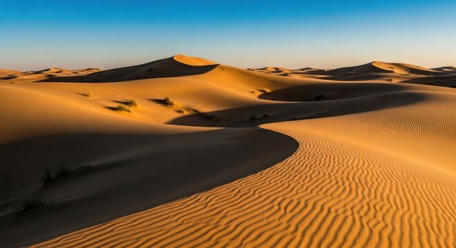 Golden Desert Dunes Under a Clear Blue Sky at Sunrise.