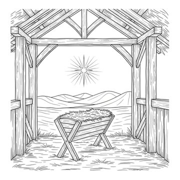 Manger sits inside a rustic wooden stable under a glowing star to symbolize a traditional nativity scene.