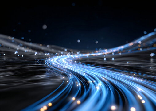 Abstract photorealistic concept of digital connectivity with flowing blue light trails and bokeh