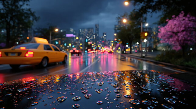Rainy night cityscape from car windshield with urban traffic and glowing reflections on wet street