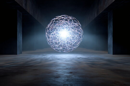 Digital creativity abstract concept in futuristic dark concrete chamber with glowing sphere