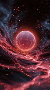 Abstract Photorealistic Image of a Perfect Glowing Orb with Interconnected Lines and Red Sparkles