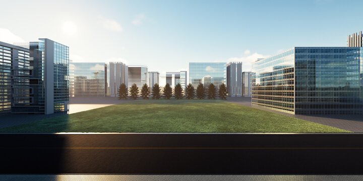 3D rendering of prime urban land plot within modern cityscape. Skyscrapers and lush green spaces, clear blue sky and asphalt road in backdrop foreground. Highlights property investment or development.