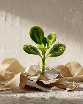 Vibrant green sprout with tiny dewdrops on leaves emerges from crumbled paper, symbolizing growth and new beginnings