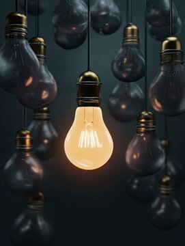 Single vintage-style Edison lightbulb glows brightly among many unlit bulbs, representing idea and innovation