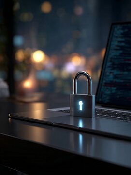 Sleek Padlock with Glowing Keyhole on Laptop, Emphasizing Digital Security at Night