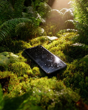 Lush green moss bed with a smartphone, water droplets, and dappled sunlight