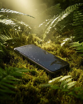 Smartphone resting on lush green moss in sunlit forest setting