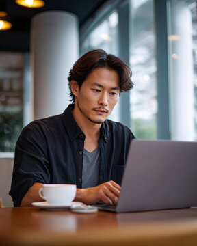 Stylish East Asian man in his early 30s working on laptop in a modern cafe
