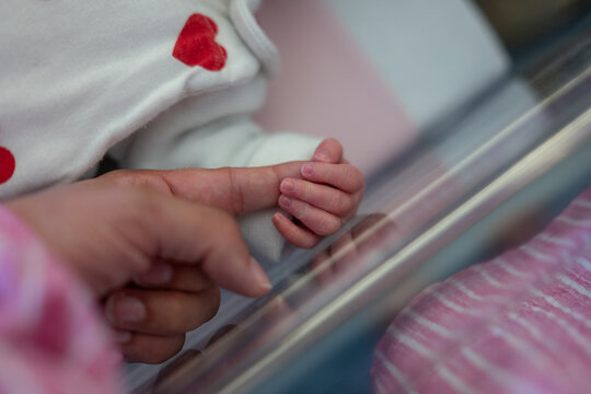 Main d'un nouveau-n&eacute; tenant le doigt de son parent &agrave; la maternit&eacute;, moment tendre et &eacute;motionnel  