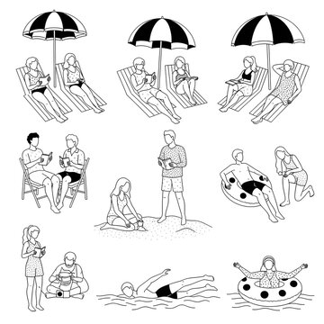 People enjoy various summer vacation activities such as reading books under umbrellas and swimming in the ocean.