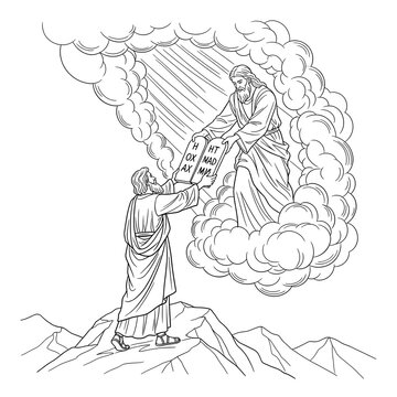 Moses receives the sacred stone tablets from a divine figure emerging from clouds upon a rugged mountain peak.