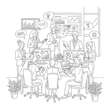 Colleagues gather around a conference table to analyze complex financial charts and data projections in a modern office environment.