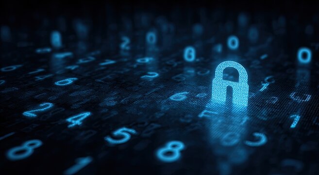 Blue illuminated padlock on a dark digital field of glowing alphanumeric code