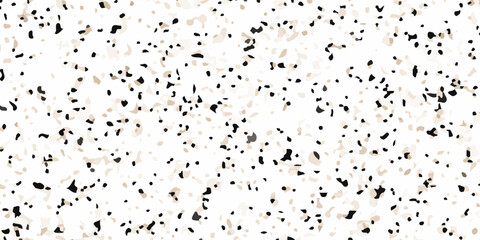 Fototapeta premium High resolution seamless terrazzo texture with black and beige marble chips on white background for interior design. dense distribution of organic black and tan marble fragments on a crisp white base