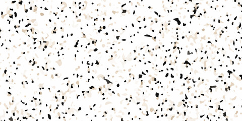 Obraz premium High resolution seamless terrazzo texture with black and beige marble chips on white background for interior design. dense distribution of organic black and tan marble fragments on a crisp white base