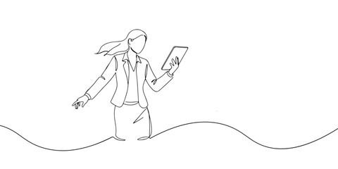 Obraz premium Continuous line drawing of businesswoman holding tablet in motion.
