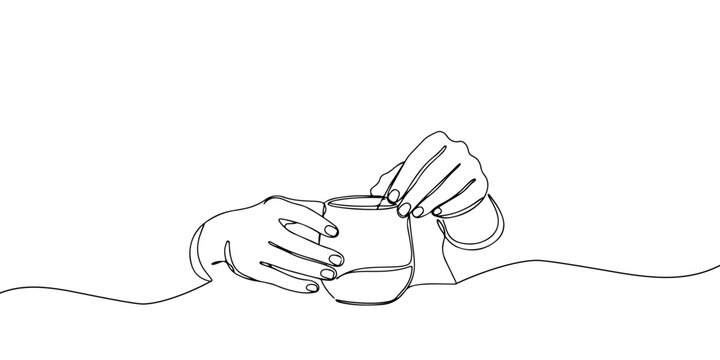 Minimalist continuous line illustration of hands tying twine around a jar.