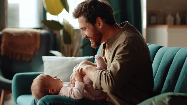 A man with light skin plays with his baby on a green couch in a bright living room. The baby is smiling and giggling while the father lifts the babys legs gently.