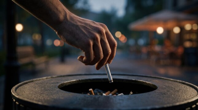 Hand Places Cigarette in Trash Can to Signify End of Bad Habits in City Park Setting During Evening Hours