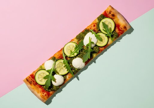 Delicious slice of pizza with zucchini and mozzarella cheese on pesto sauce on pink and green background