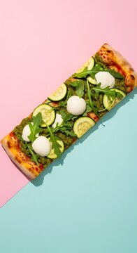 Delicious slice of pizza with zucchini arugula and mozzarella cheese on pink and blue background