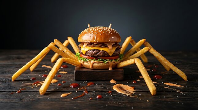 Burger Kreatif Bentuk Kepiting dengan Kentang Goreng &ndash; Konsep Makanan Unik, Surreal, dan Estetik