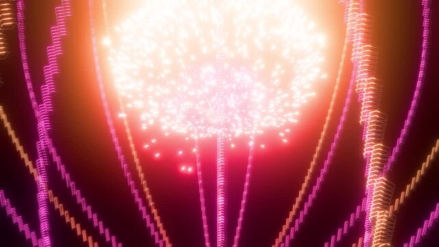 Featuring dynamically glowing neon colors and luminous abstract 3D geometric curves that seamlessly loop cycle between clustering and dispersing created by procedural 3D animation ProRes 4444 XQ Alpha
