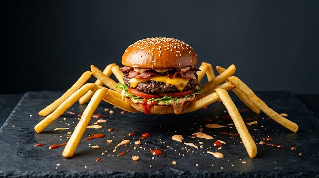 Burger daging sapi dengan kentang goreng dan saus di atas papan hitam