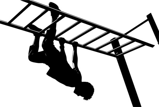 Boy Hanging Upside Down from Monkey Bars Vector Silhouette; Active Child Playing on Playground Equipment, Isolated