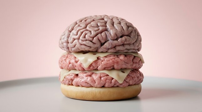 Burger dengan lapisan otak dan daging sapi serta keju di atas roti lembut